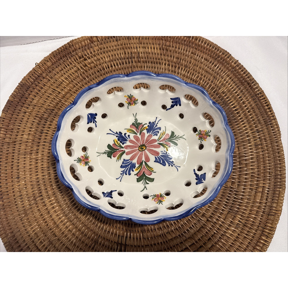 Ceramic Oval Lattice Bowl Made in Portugal Hand Painted Floral